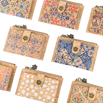 Colorful Floral Cork Wallet with Snap Closure and Coin Pocket BAGD-343A-MIX-8（8units）
