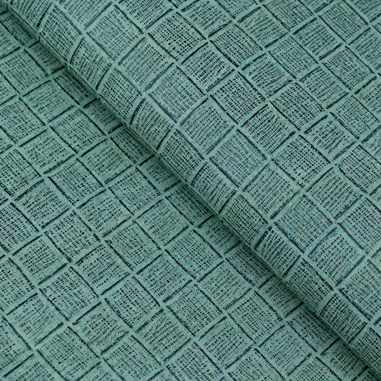 Embossed Square Pattern Cork Fabric – Aqua Green Textured
