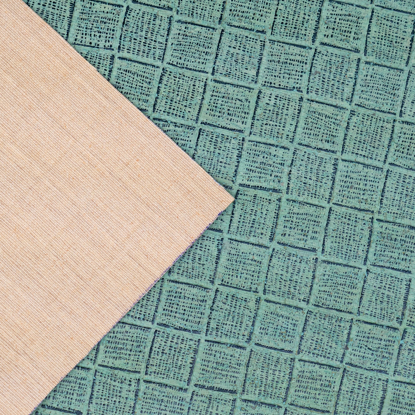 Embossed Square Pattern Cork Fabric – Aqua Green Textured