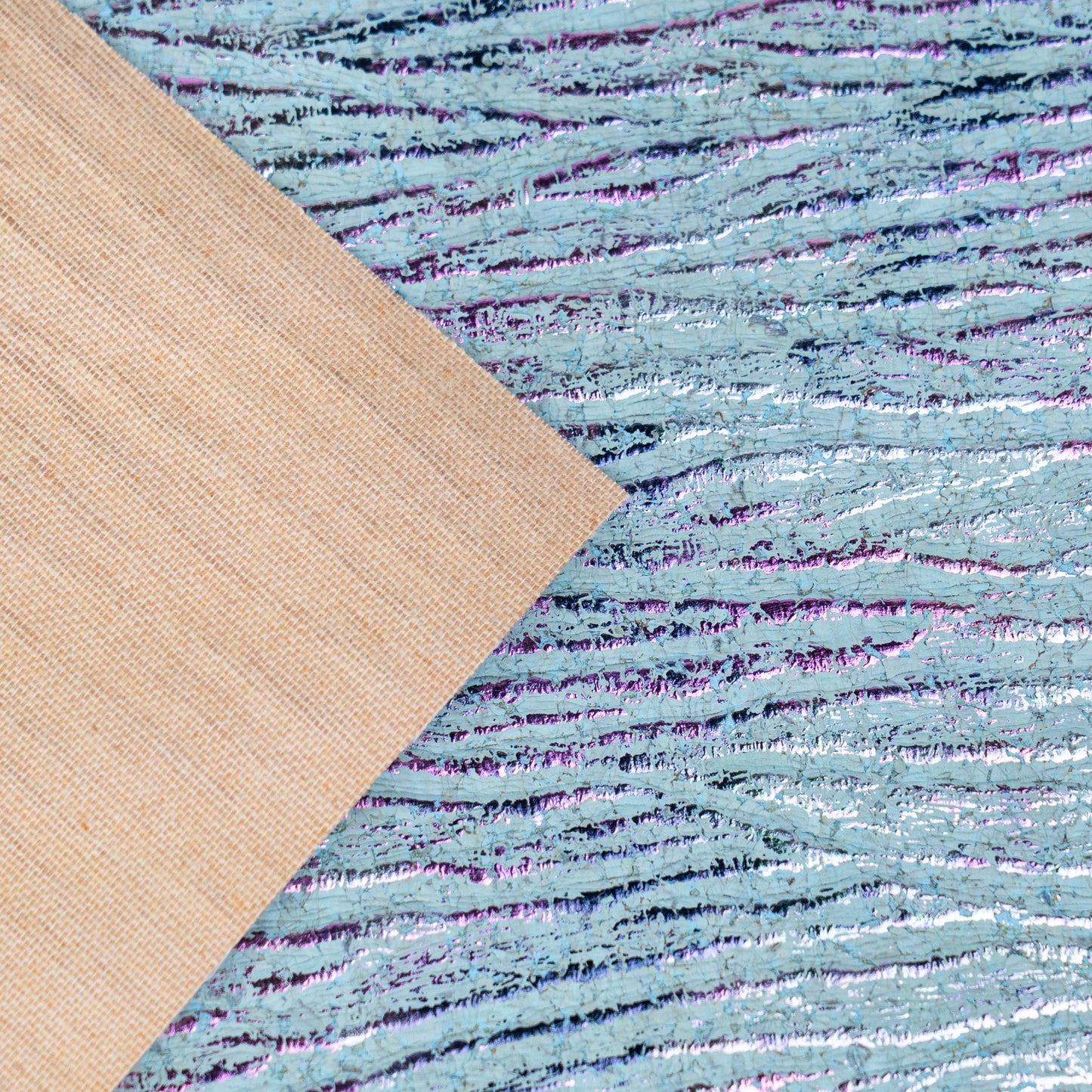 Embossed Iridescent Cork Fabric – Aqua Blue & Purple Metallic Texture COF-697
