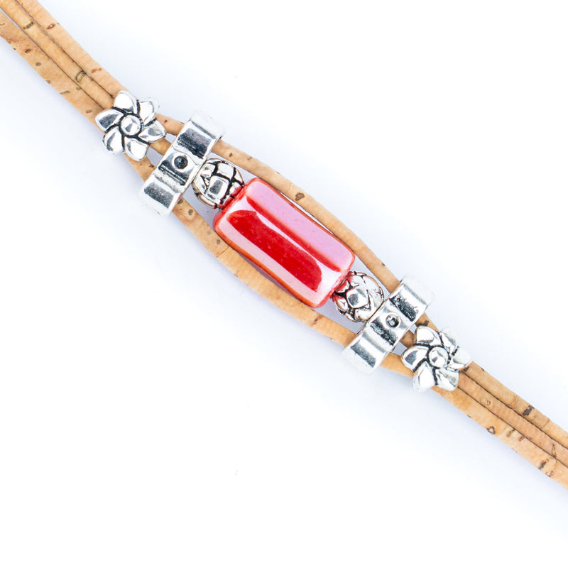 2mm Natural Cork with Ceramic Long Beads handmade bracelet   BR-478-MIX-5