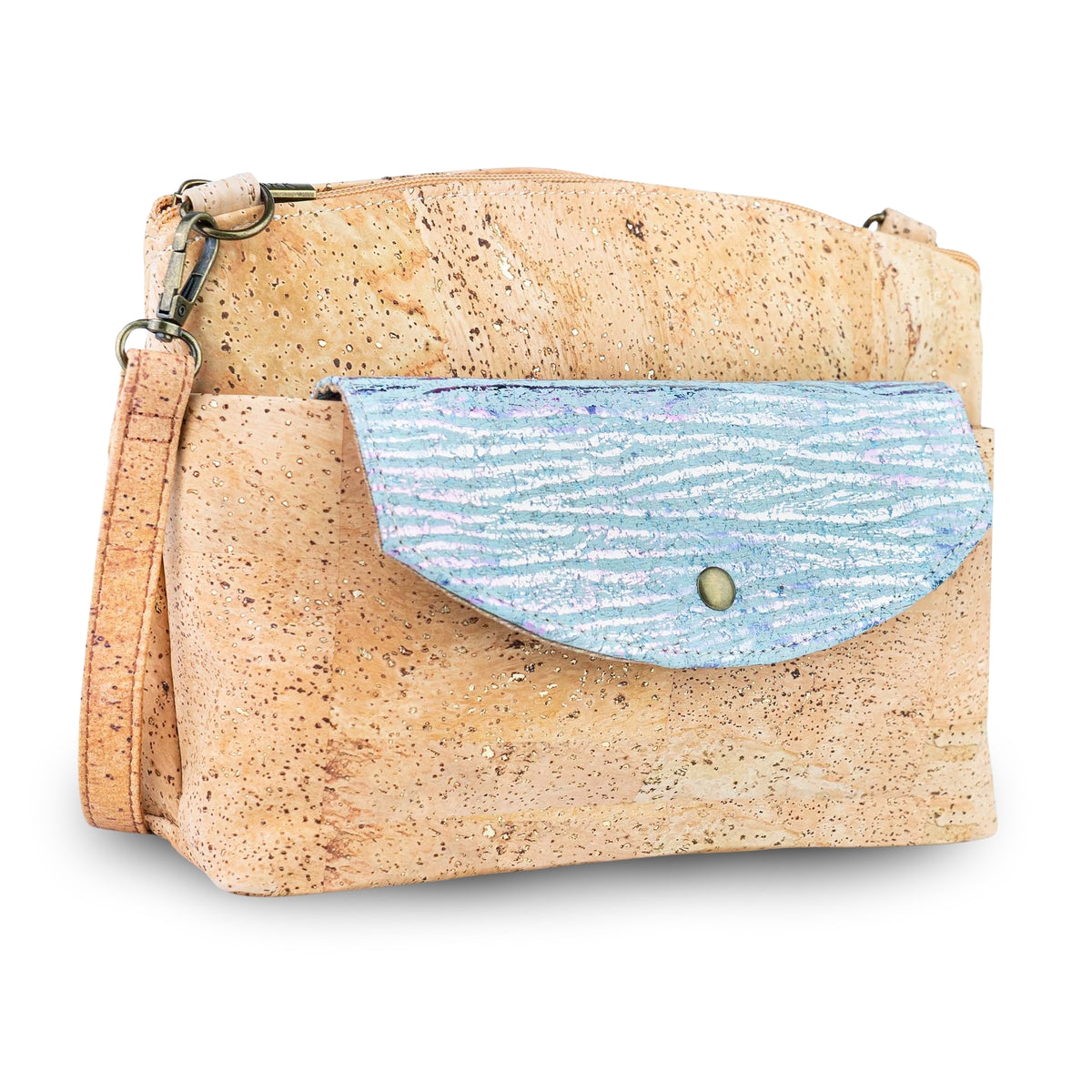 Women’s Natural Cork Crossbody Bag with Gold Accents and Front Pocket BAGP-402