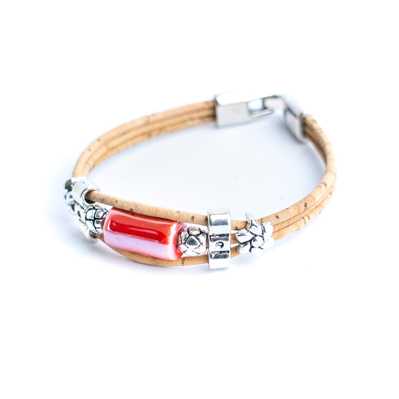 2mm Natural Cork with Ceramic Long Beads handmade bracelet   BR-478-MIX-5
