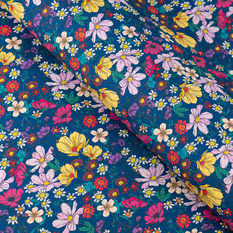Dark Blue Floral Cork Fabric COF-622