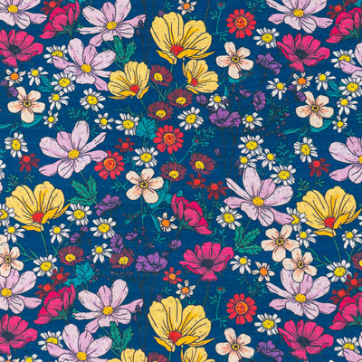Dark Blue Floral Cork Fabric COF-622