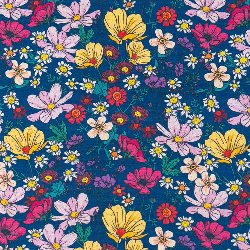 Dark Blue Floral Cork Fabric COF-622