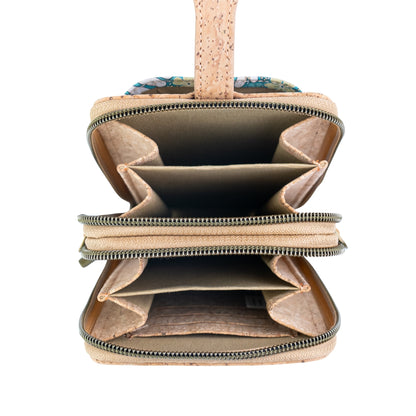 Natural Cork Double Zip Phone Crossbody Bag for Women – Floral Print Vegan Crossbody Wallet BAGD-2402