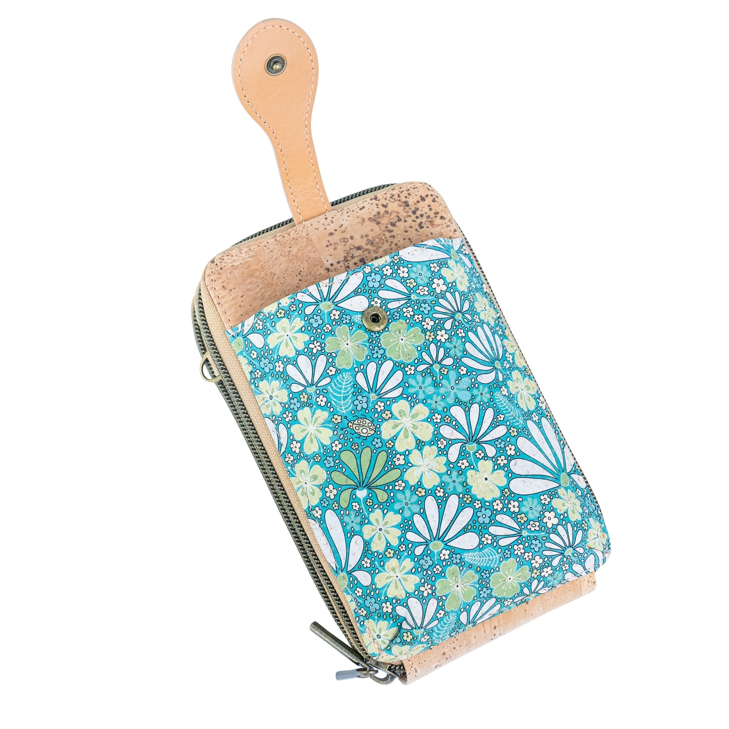 Natural Cork Double Zip Phone Crossbody Bag for Women – Floral Print Vegan Crossbody Wallet BAGD-2402