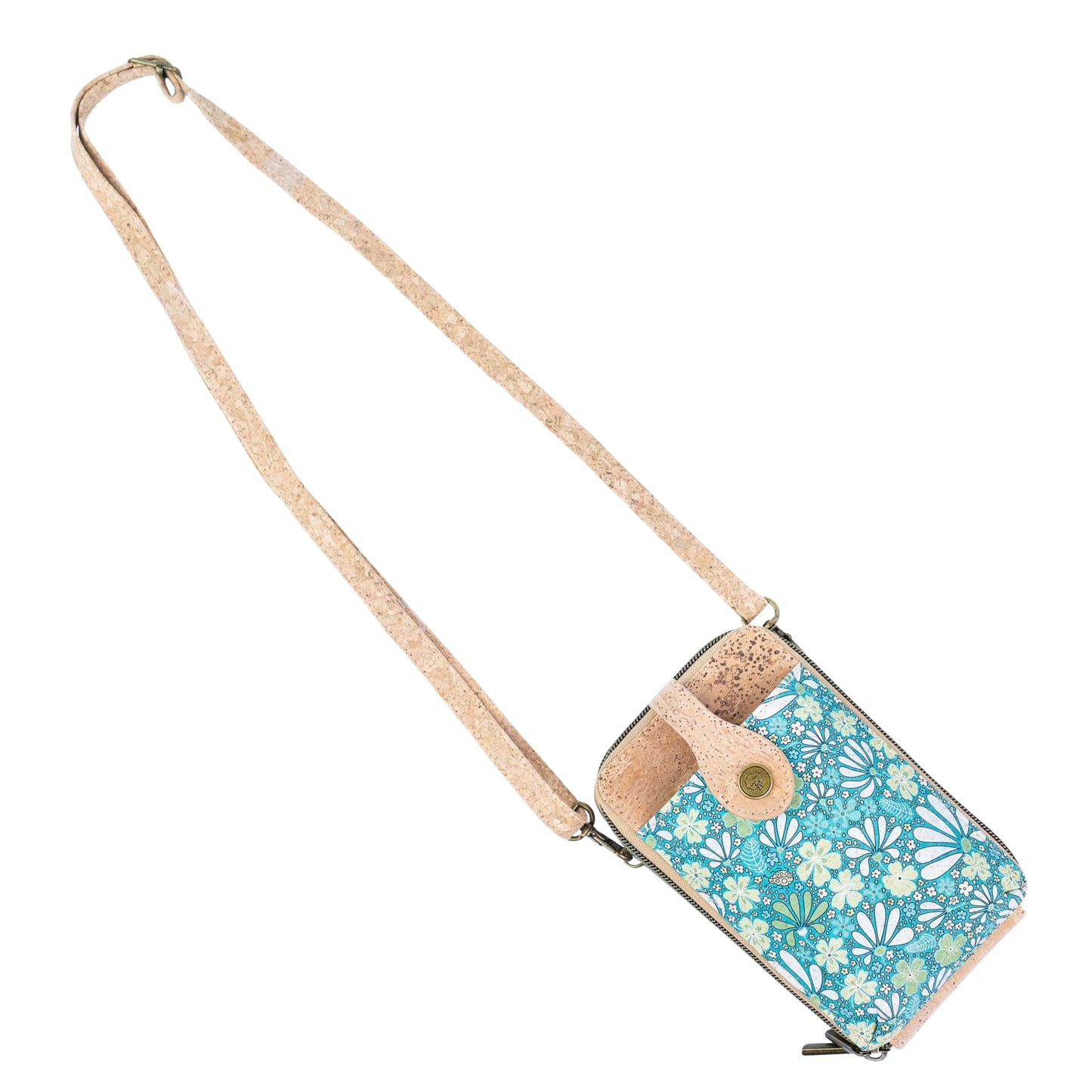 Natural Cork Double Zip Phone Crossbody Bag for Women – Floral Print Vegan Crossbody Wallet BAGD-2402
