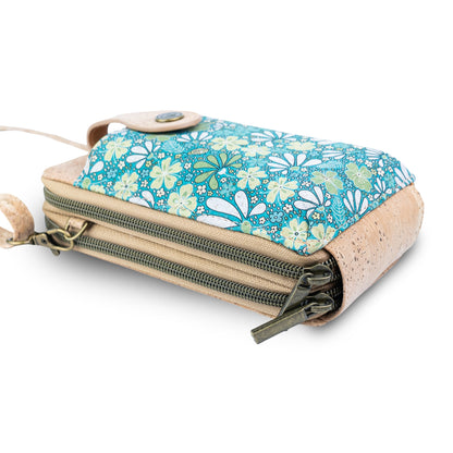 Natural Cork Double Zip Phone Crossbody Bag for Women – Floral Print Vegan Crossbody Wallet BAGD-2402