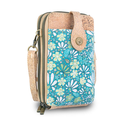 Natural Cork Double Zip Phone Crossbody Bag for Women – Floral Print Vegan Crossbody Wallet BAGD-2402