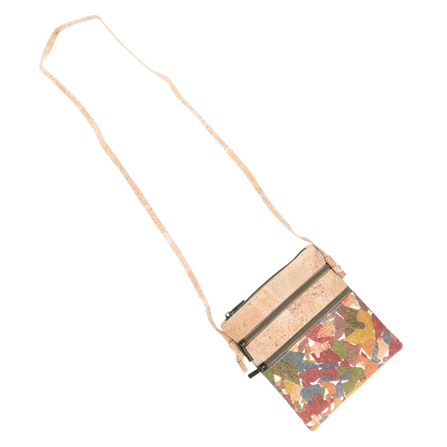Natural Cork Double Zip Crossbody Bag for Women – Floral Print Vegan Shoulder Purse BAG-2401