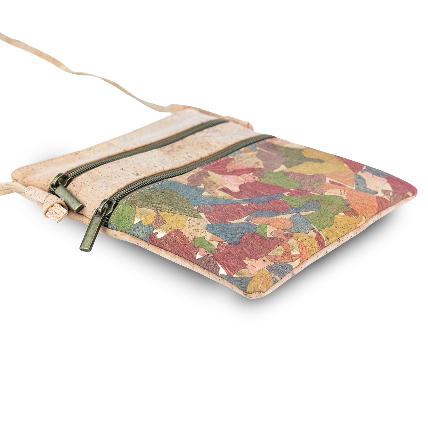 Natural Cork Double Zip Crossbody Bag for Women – Floral Print Vegan Shoulder Purse BAG-2401