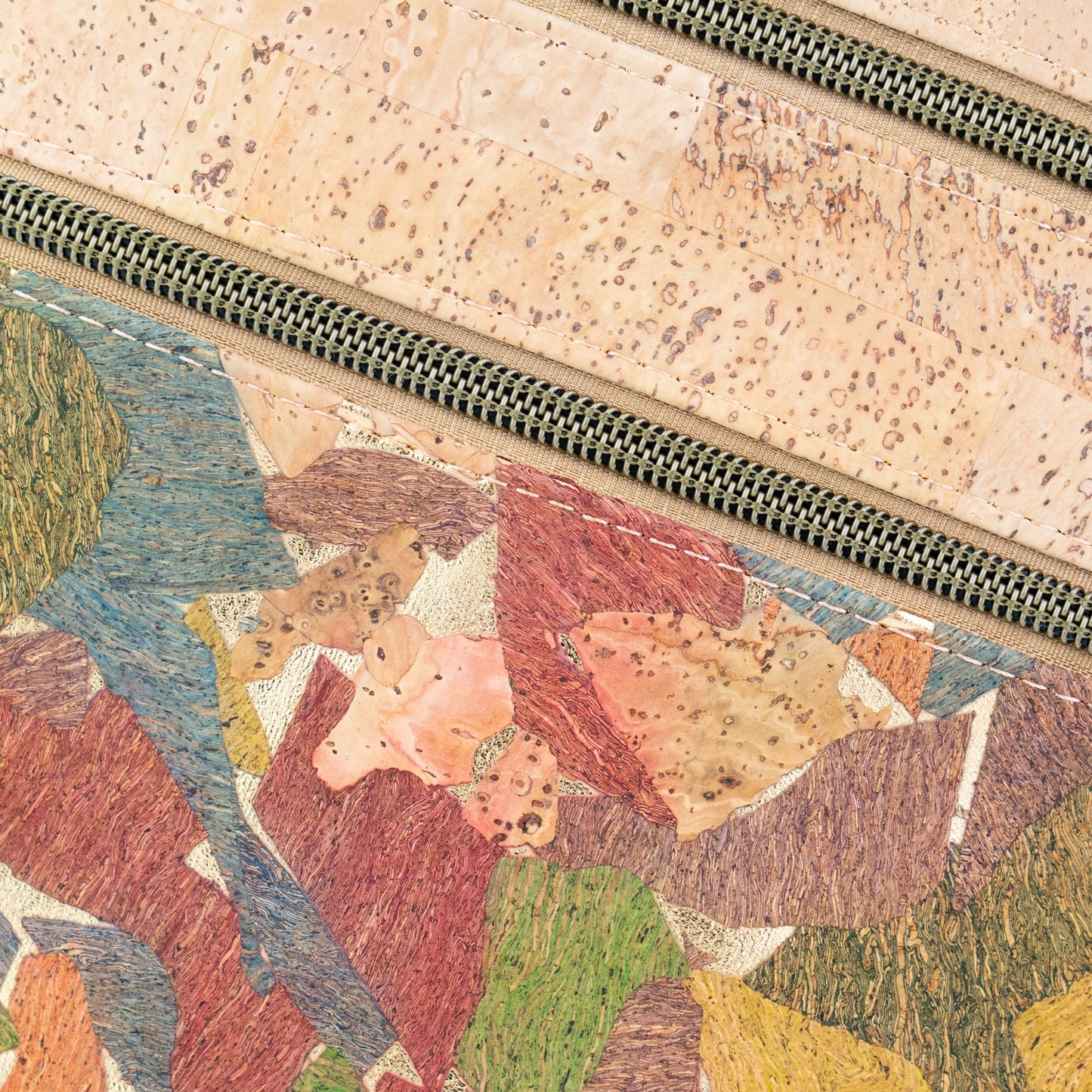 Natural Cork Double Zip Crossbody Bag for Women – Floral Print Vegan Shoulder Purse BAG-2401