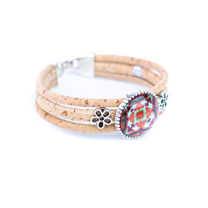 Portuguese handmade cork bracelet | Round colorful patterned ornament | Multi-strand cork design | Alloy fittingsBR-444-MIX-5-random