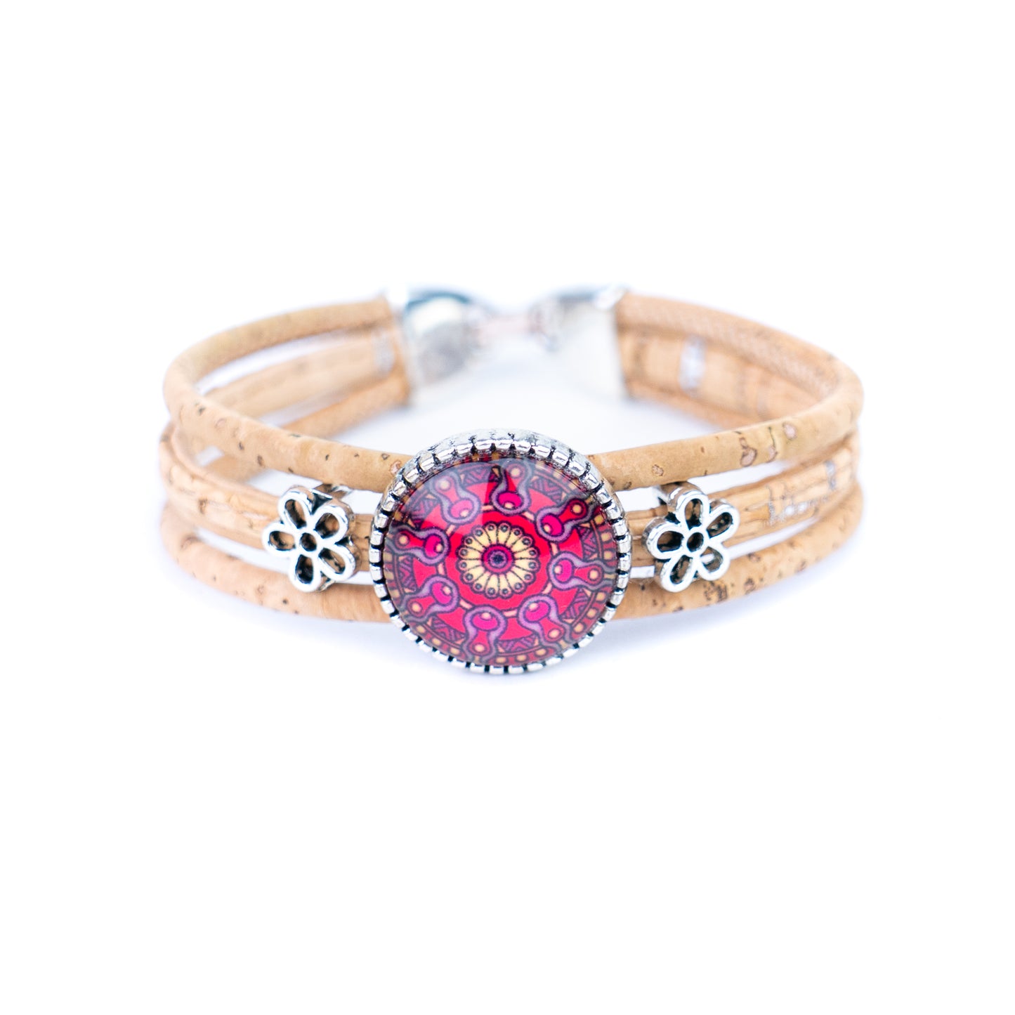 Portuguese handmade cork bracelet | Round colorful patterned ornament | Multi-strand cork design | Alloy fittingsBR-444-MIX-5-random