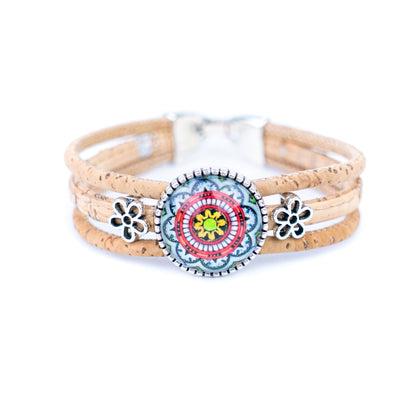 Portuguese handmade cork bracelet | Round colorful patterned ornament | Multi-strand cork design | Alloy fittingsBR-444-MIX-5-random