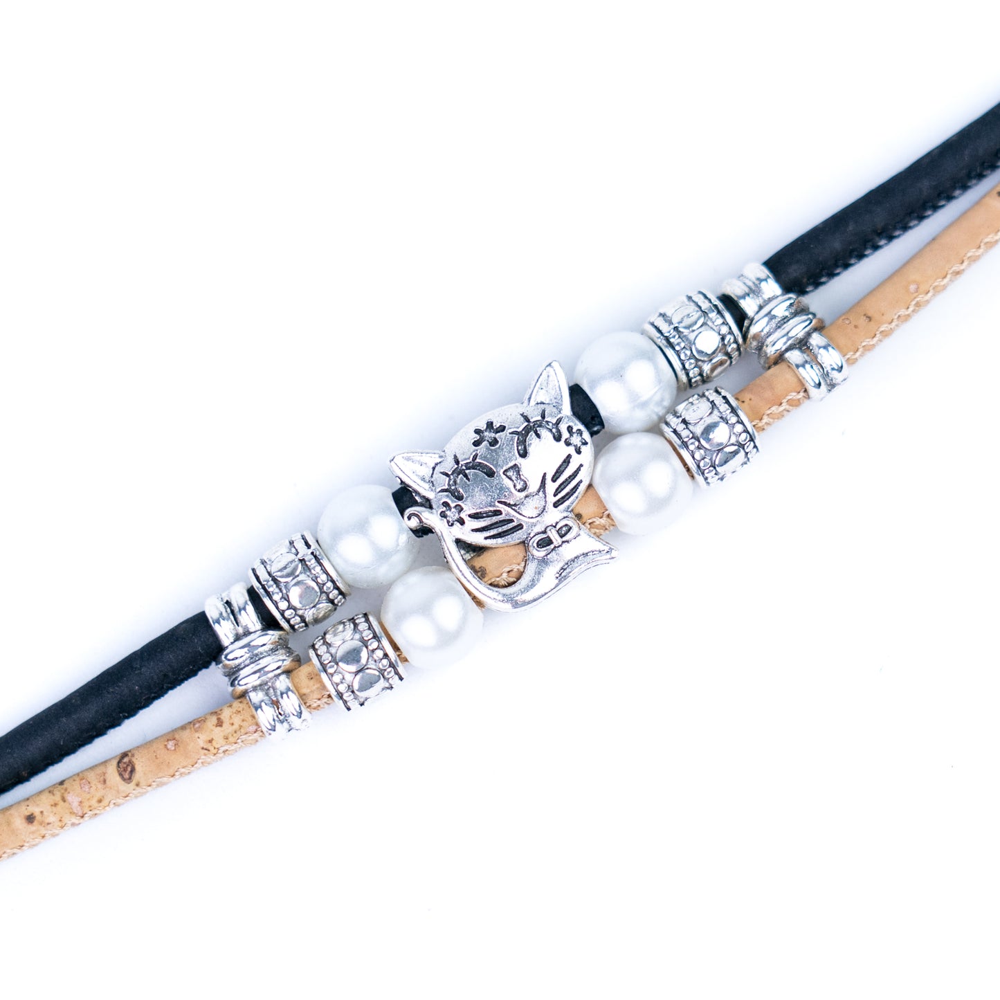 Colorful cork with pearl and cat pendant bracelet adjustable BR-004-MIX-5