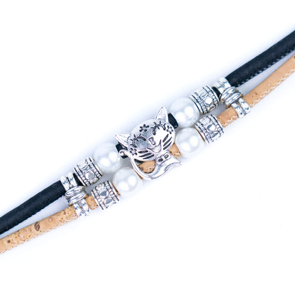 Colorful cork with pearl and cat pendant bracelet adjustable BR-004-MIX-5