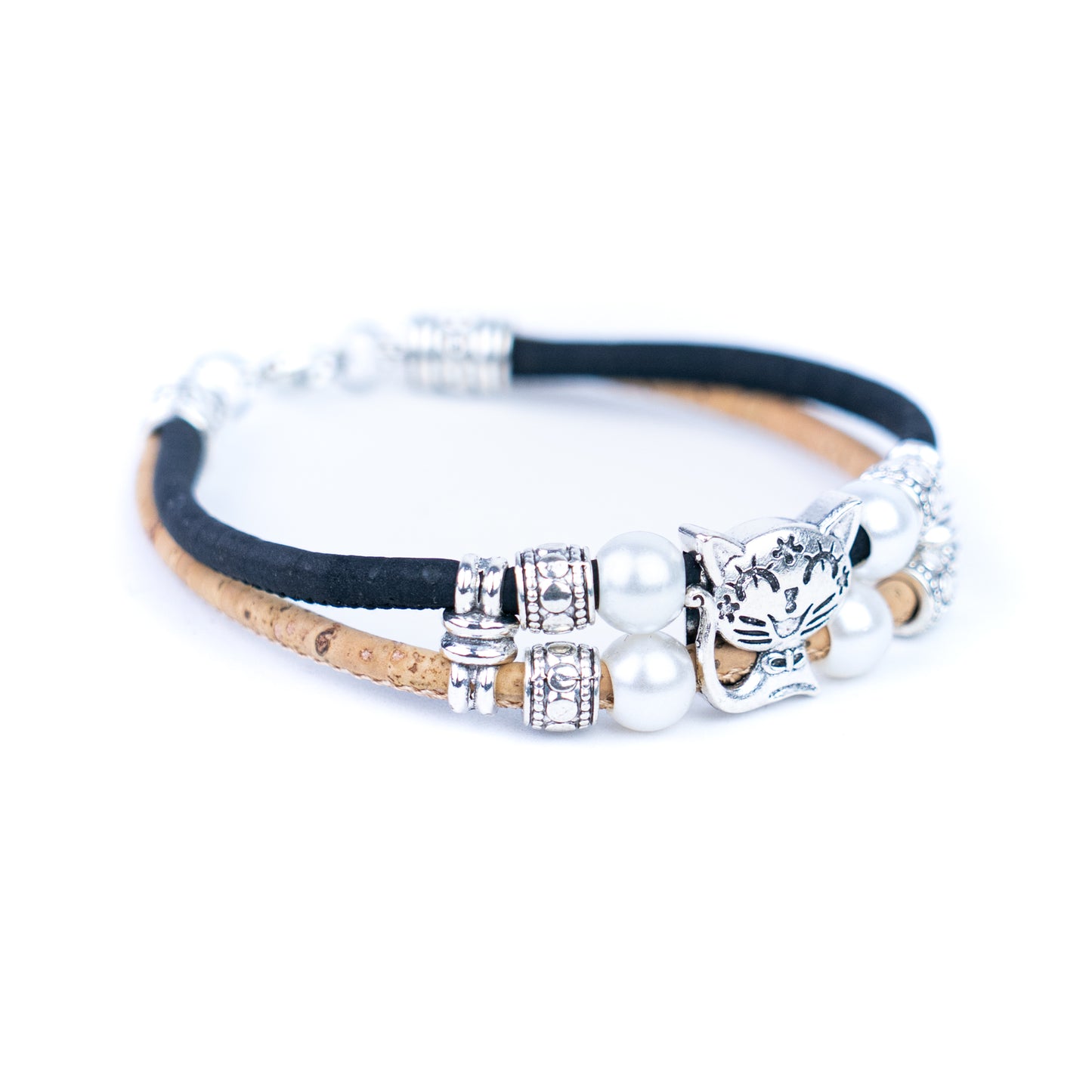 Colorful cork with pearl and cat pendant bracelet adjustable BR-004-MIX-5