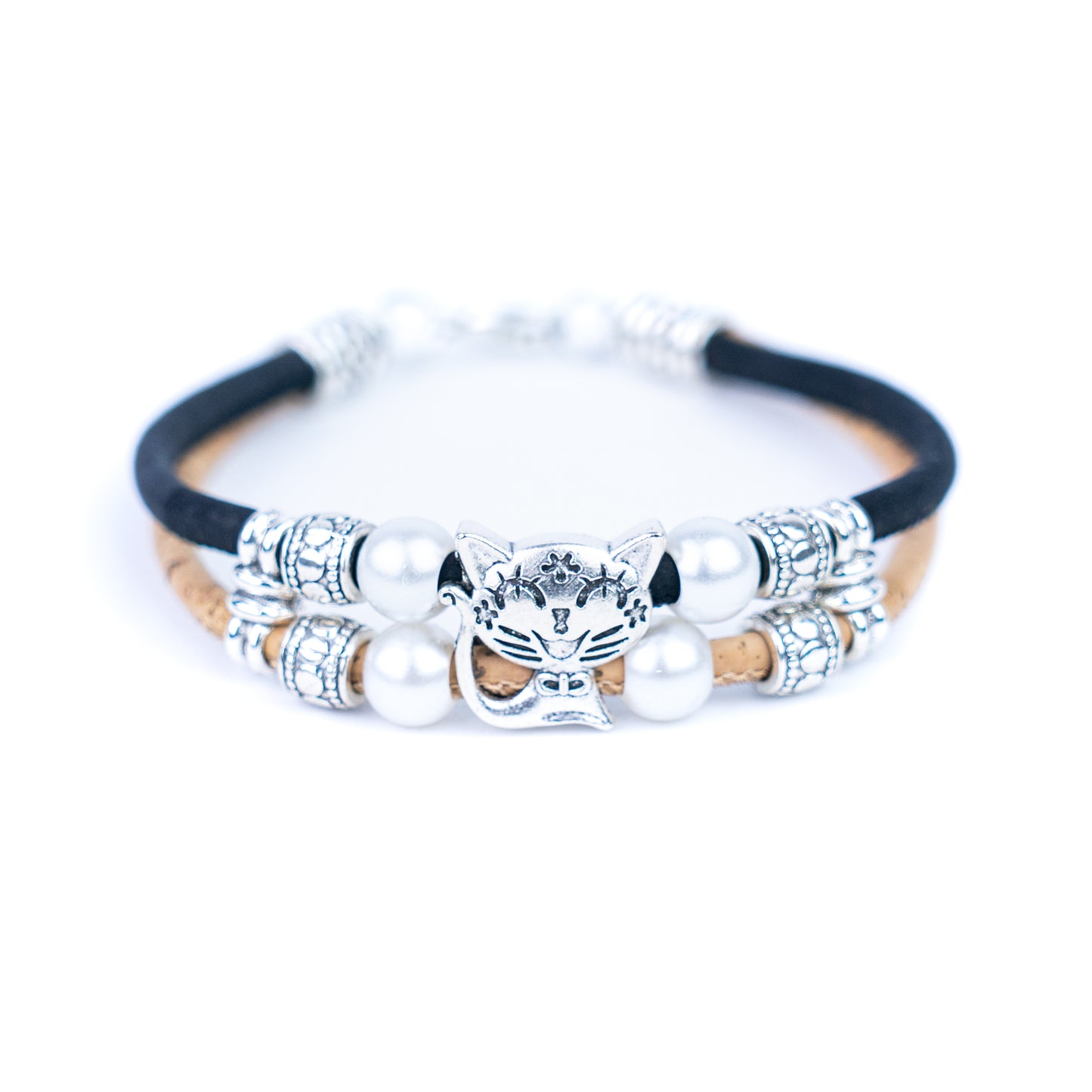 Colorful cork with pearl and cat pendant bracelet adjustable BR-004-MIX-5