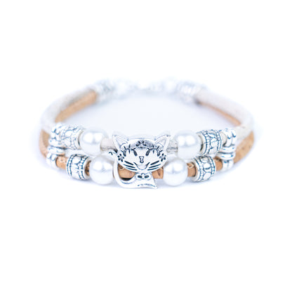 Colorful cork with pearl and cat pendant bracelet adjustable BR-004-MIX-5