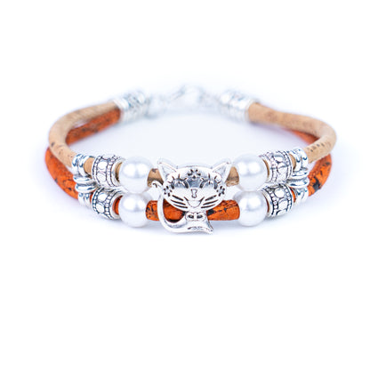 Colorful cork with pearl and cat pendant bracelet adjustable BR-004-MIX-5