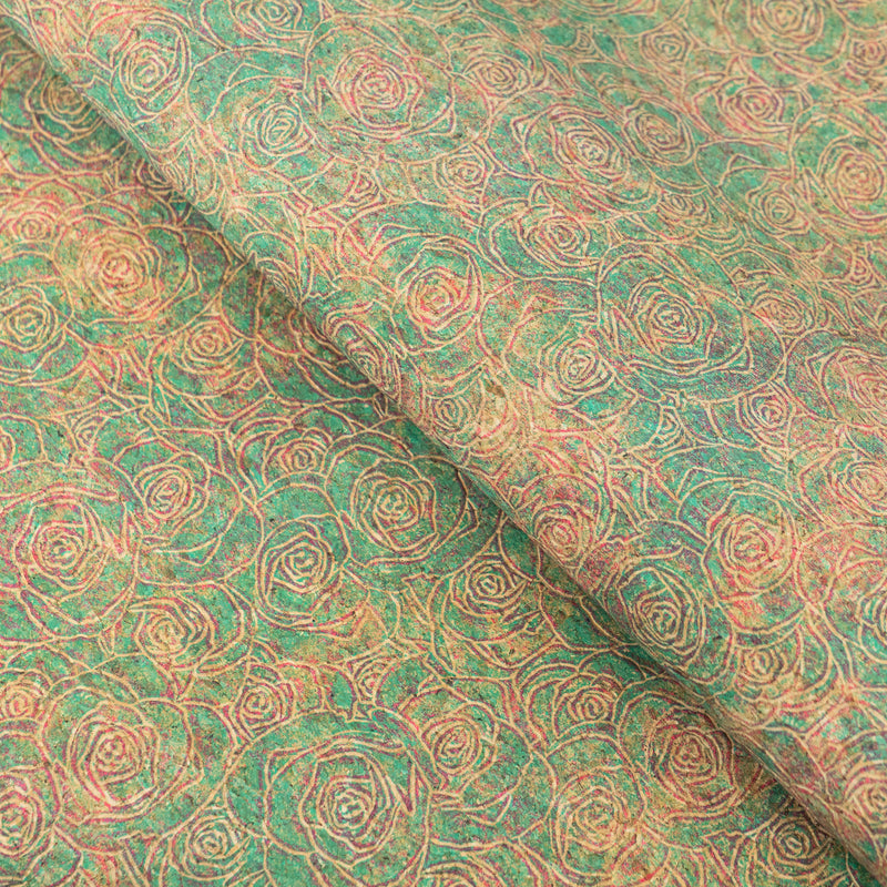 Embossed Rose Pattern Cork Fabric Green & Pink Tones COF-642