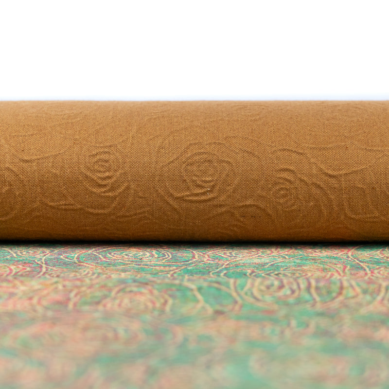 Embossed Rose Pattern Cork Fabric Green & Pink Tones COF-642