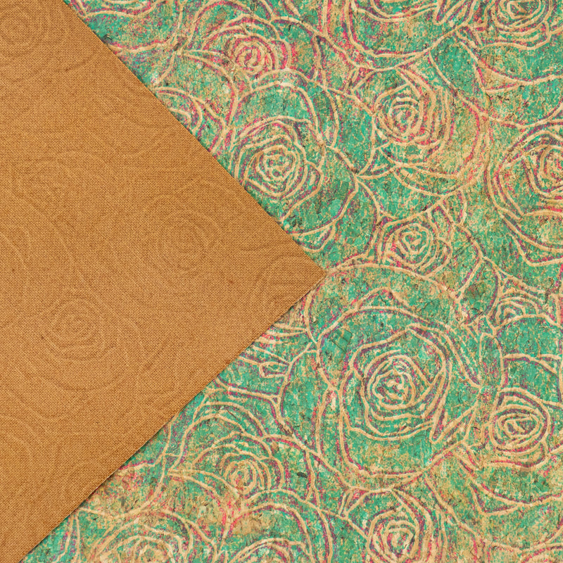 Embossed Rose Pattern Cork Fabric Green & Pink Tones COF-642