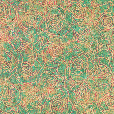 Embossed Rose Pattern Cork Fabric Green & Pink Tones COF-642