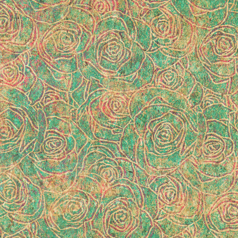 Embossed Rose Pattern Cork Fabric Green & Pink Tones COF-642