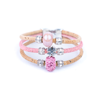 Portuguese Handmade Cork Bracelet | Ceramic Beads & Rhinestone Beads | Colored Cork Thread | 5-Pack  BR-426-MIX-5