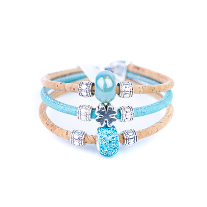 Portuguese Handmade Cork Bracelet | Ceramic Beads & Rhinestone Beads | Colored Cork Thread | 5-Pack  BR-426-MIX-5