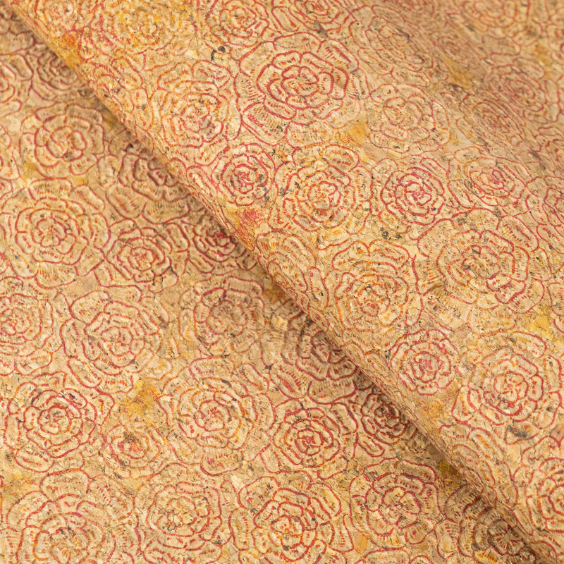Embossed Rose Pattern Cork Fabric Beige & Red Tones COF-643