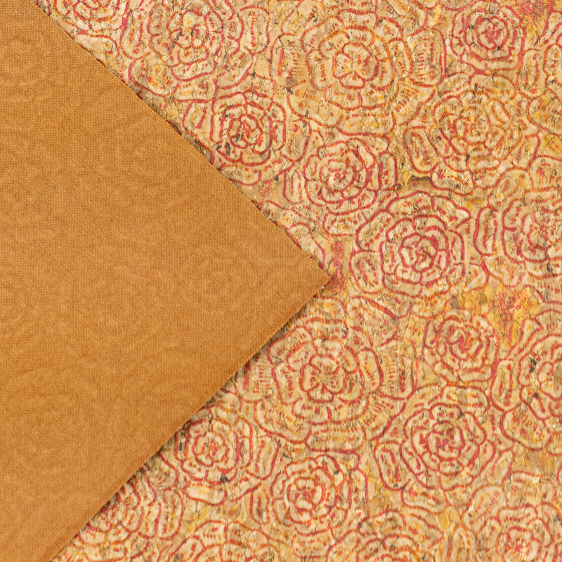 Embossed Rose Pattern Cork Fabric Beige & Red Tones COF-643