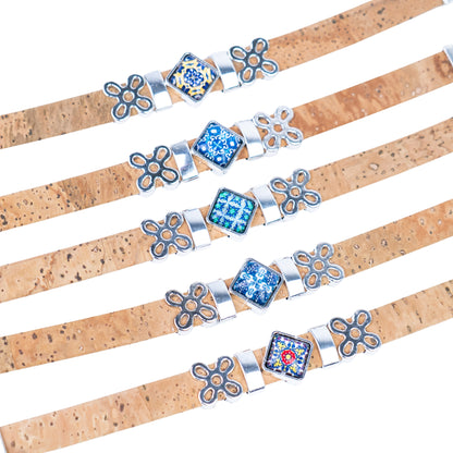 Natural Cork Bracelet | Mixed Color Transparent Decorative Patches | 10mm Flat Cork Thread | Handmade BR-414-MIX-5（random）