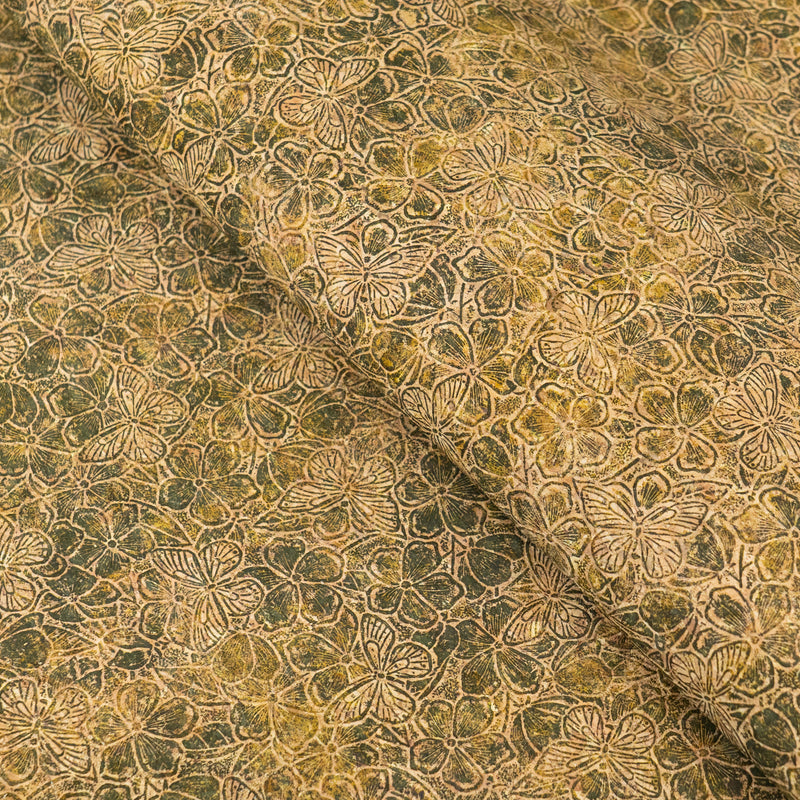 Embossed Butterfly & Floral Cork Fabric Green & Beige Tones COF-644