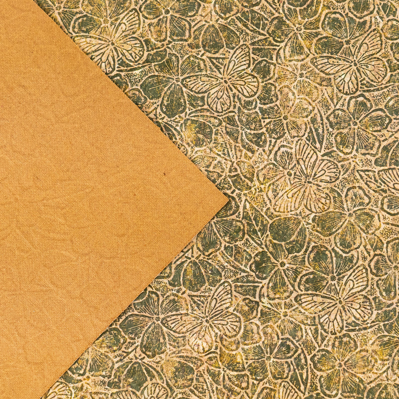 Embossed Butterfly & Floral Cork Fabric Green & Beige Tones COF-644
