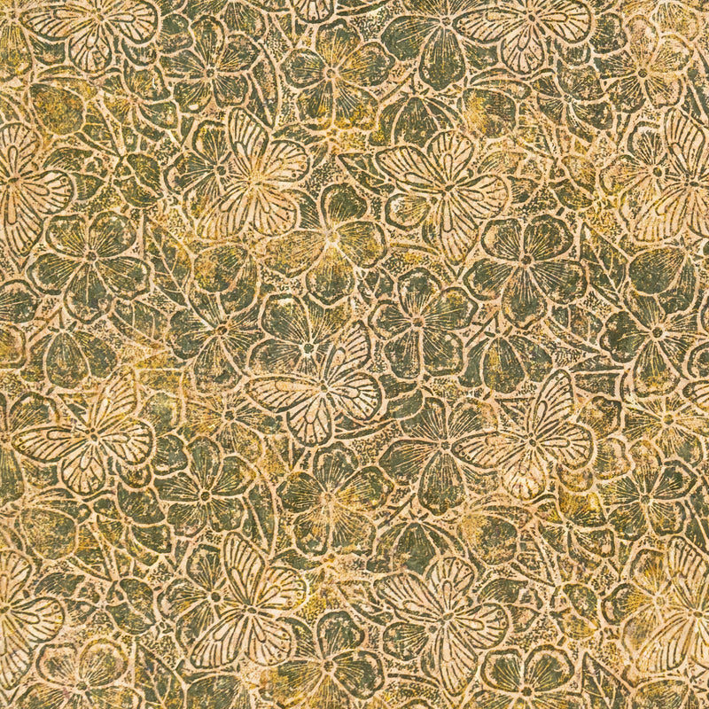 Embossed Butterfly & Floral Cork Fabric Green & Beige Tones COF-644