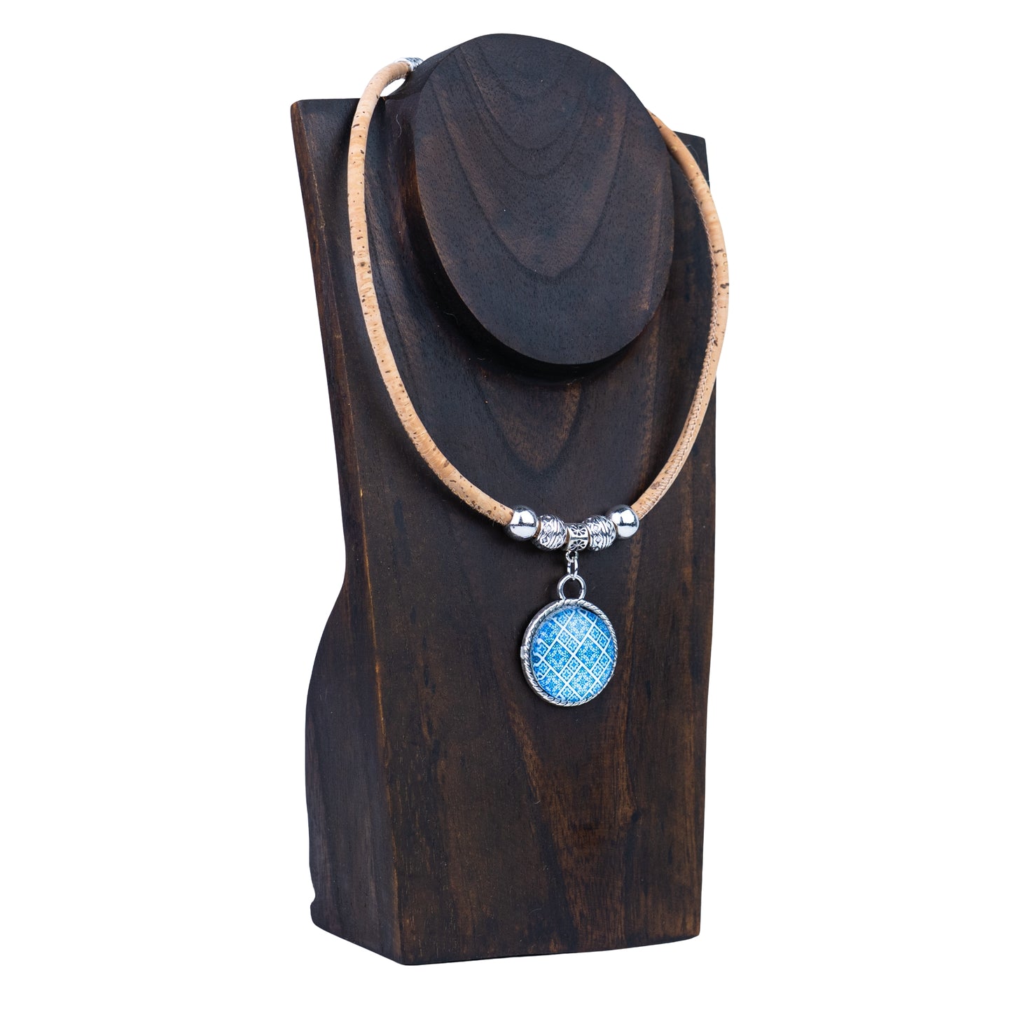 Portuguese Handmade Cork Necklace | Round Colored Pattern Applique | Natural Cork Thread N-98-MIX-3-RANDOM