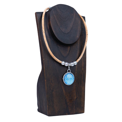 Portuguese Handmade Cork Necklace | Round Colored Pattern Applique | Natural Cork Thread N-98-MIX-3-RANDOM