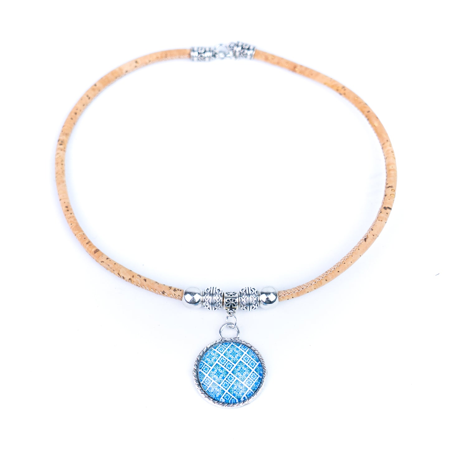 Portuguese Handmade Cork Necklace | Round Colored Pattern Applique | Natural Cork Thread N-98-MIX-3-RANDOM