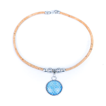 Portuguese Handmade Cork Necklace | Round Colored Pattern Applique | Natural Cork Thread N-98-MIX-3-RANDOM