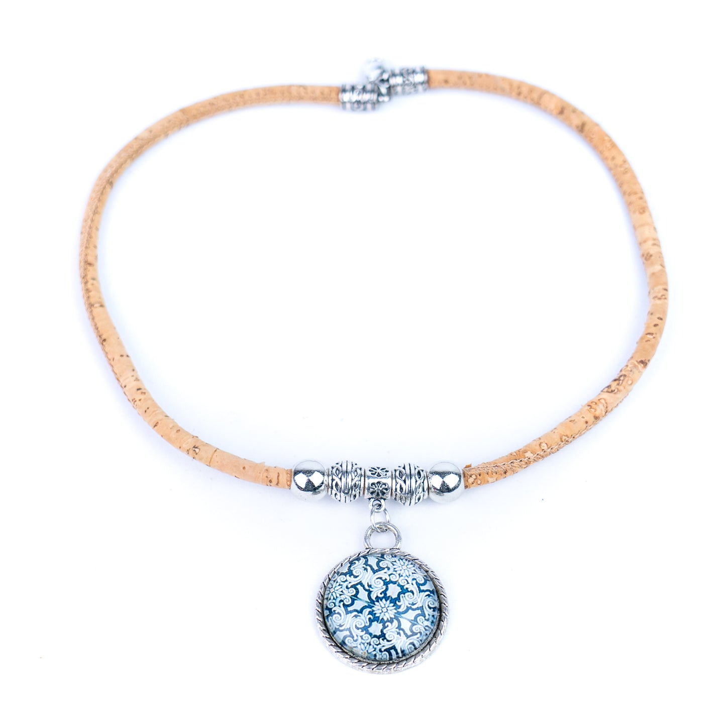 Portuguese Handmade Cork Necklace | Round Colored Pattern Applique | Natural Cork Thread N-98-MIX-3-RANDOM