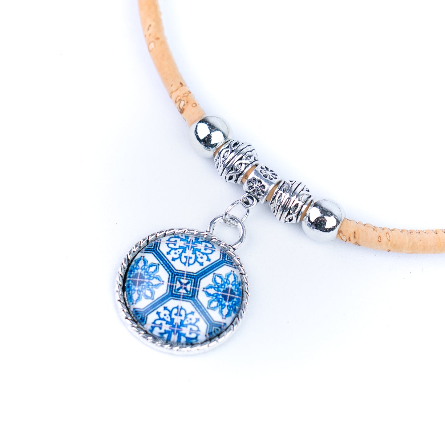 Portuguese Handmade Cork Necklace | Round Colored Pattern Applique | Natural Cork Thread N-98-MIX-3-RANDOM