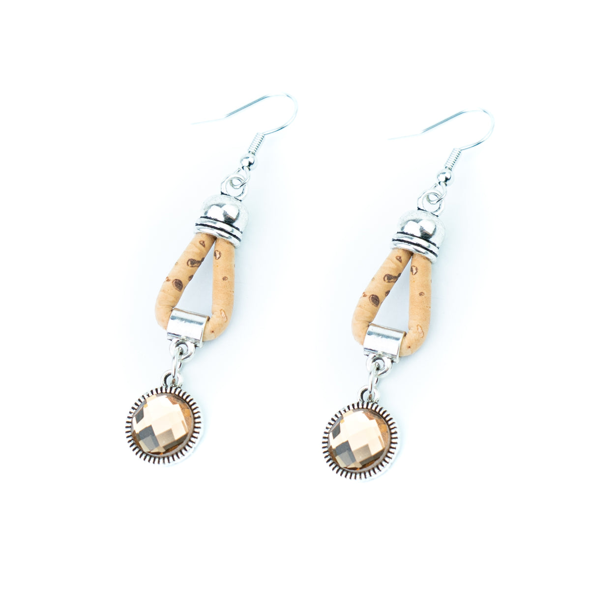 Portuguese Handmade 3mm Natural Cork Drop Earrings with Round Pattern Pendant – Pack of 5 Pairs-ER-211-5