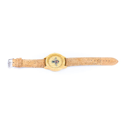 Women's Fashion Watch with Bee Motif Dial and Natural Cork Strap WA-455