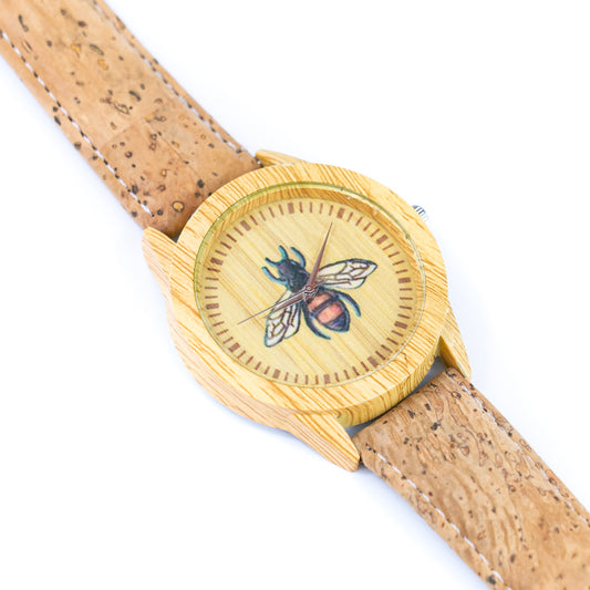 Women's Fashion Watch with Bee Motif Dial and Natural Cork Strap WA-455