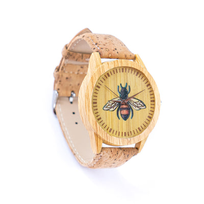 Women's Fashion Watch with Bee Motif Dial and Natural Cork Strap WA-455